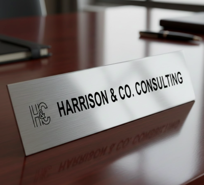 Brushed metal desk nameplate with engraved lettering on office table.