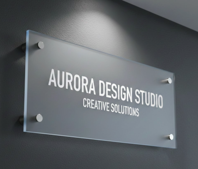 Frosted acrylic wall sign panel mounted with metal standoffs and lettering.
