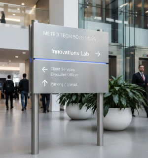 Freestanding metal directional sign with etched panels and mounted posts.