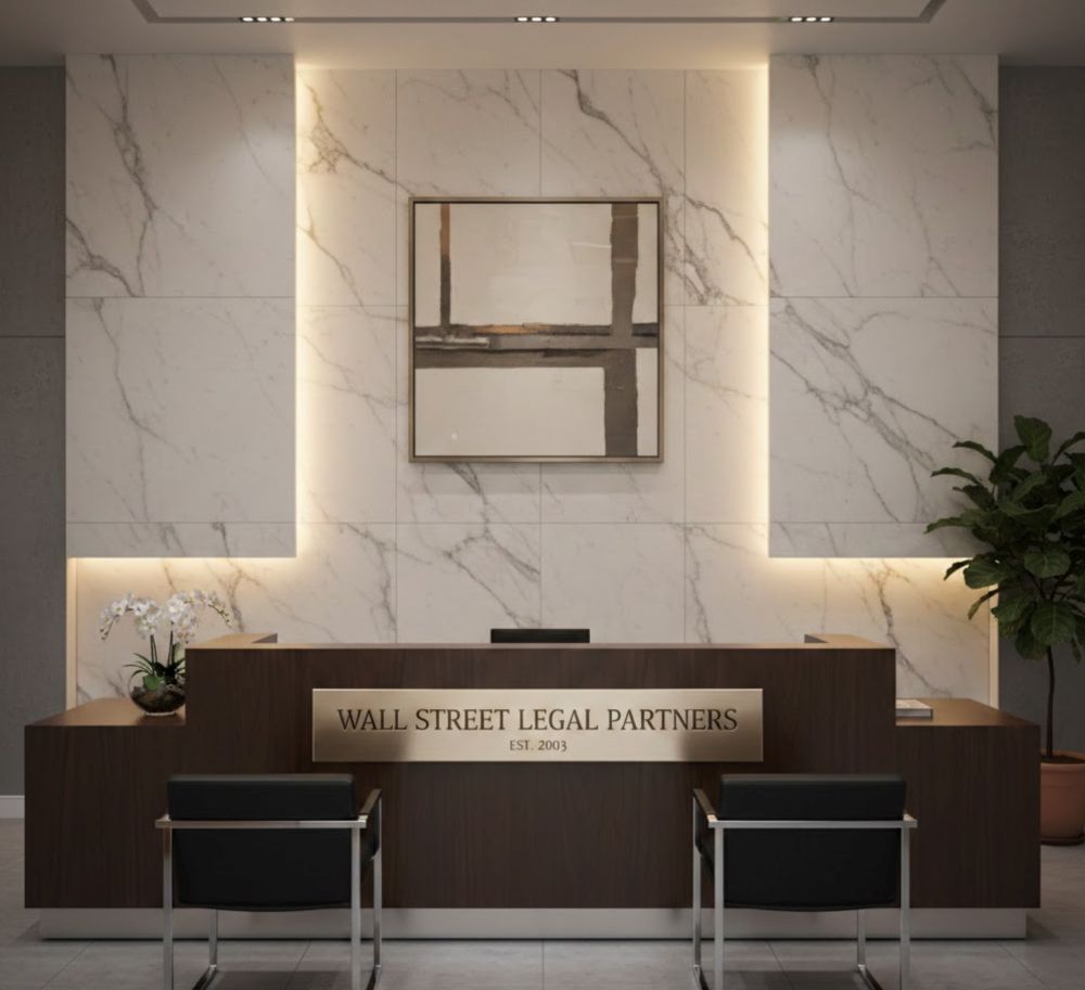 Reception desk sign panel with engraved metal lettering on wood front.