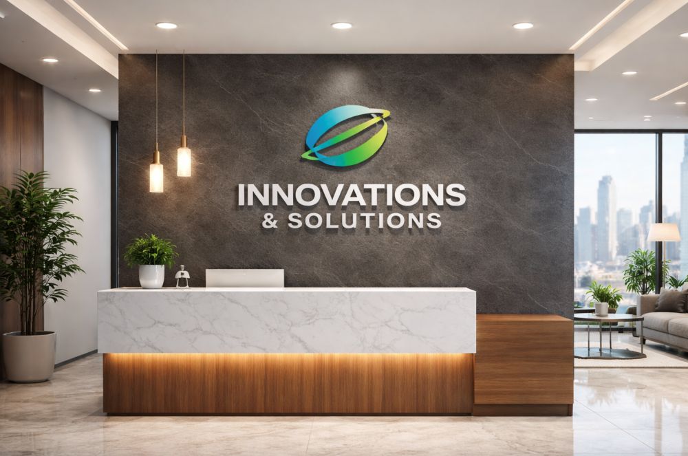 Interior wall sign with dimensional lettering and logo mounted above reception desk.