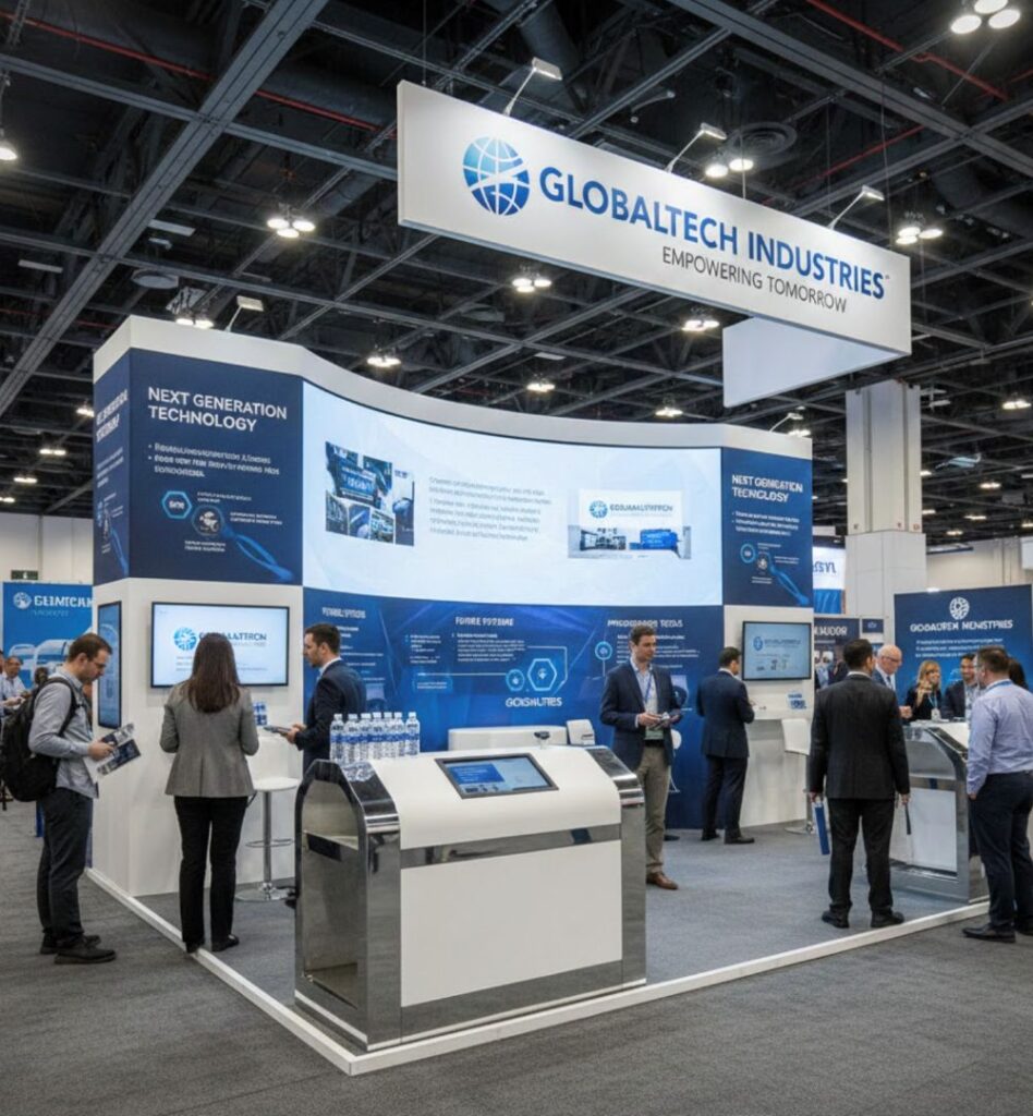 Trade show booth with overhead hanging sign panel and printed display graphics.