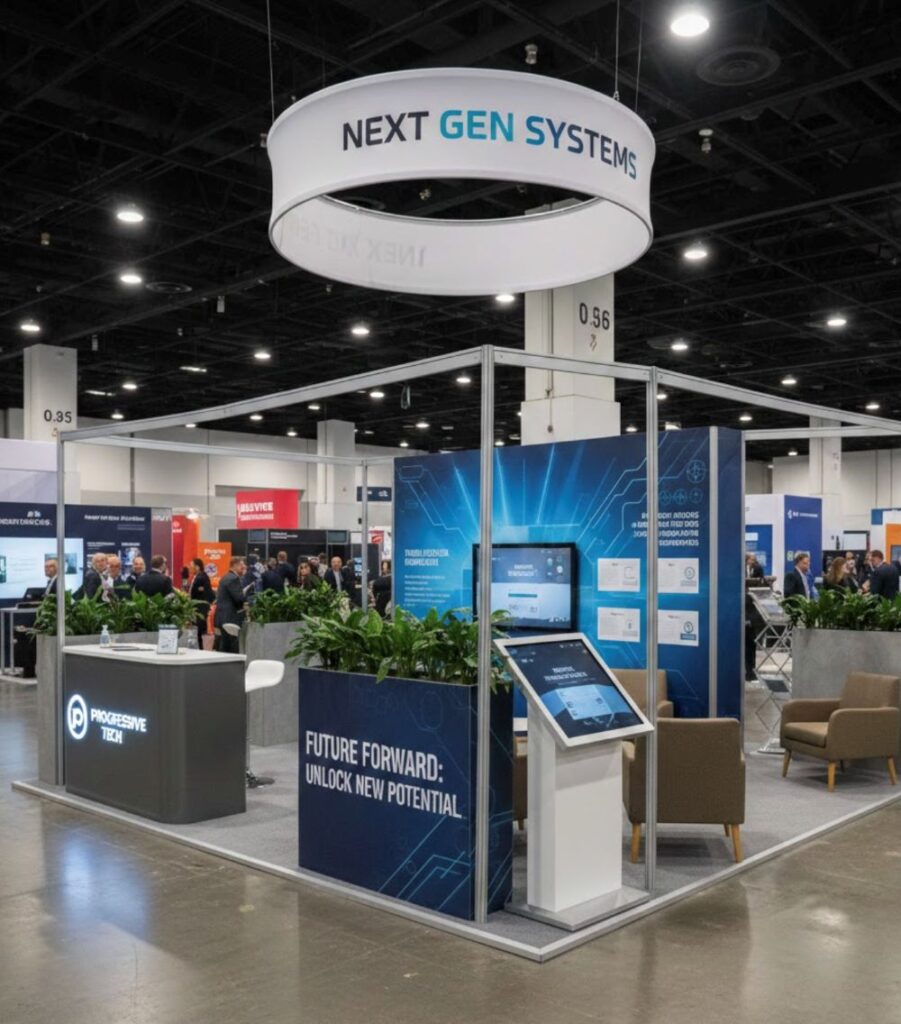 Trade show booth with circular hanging sign and printed display panels.