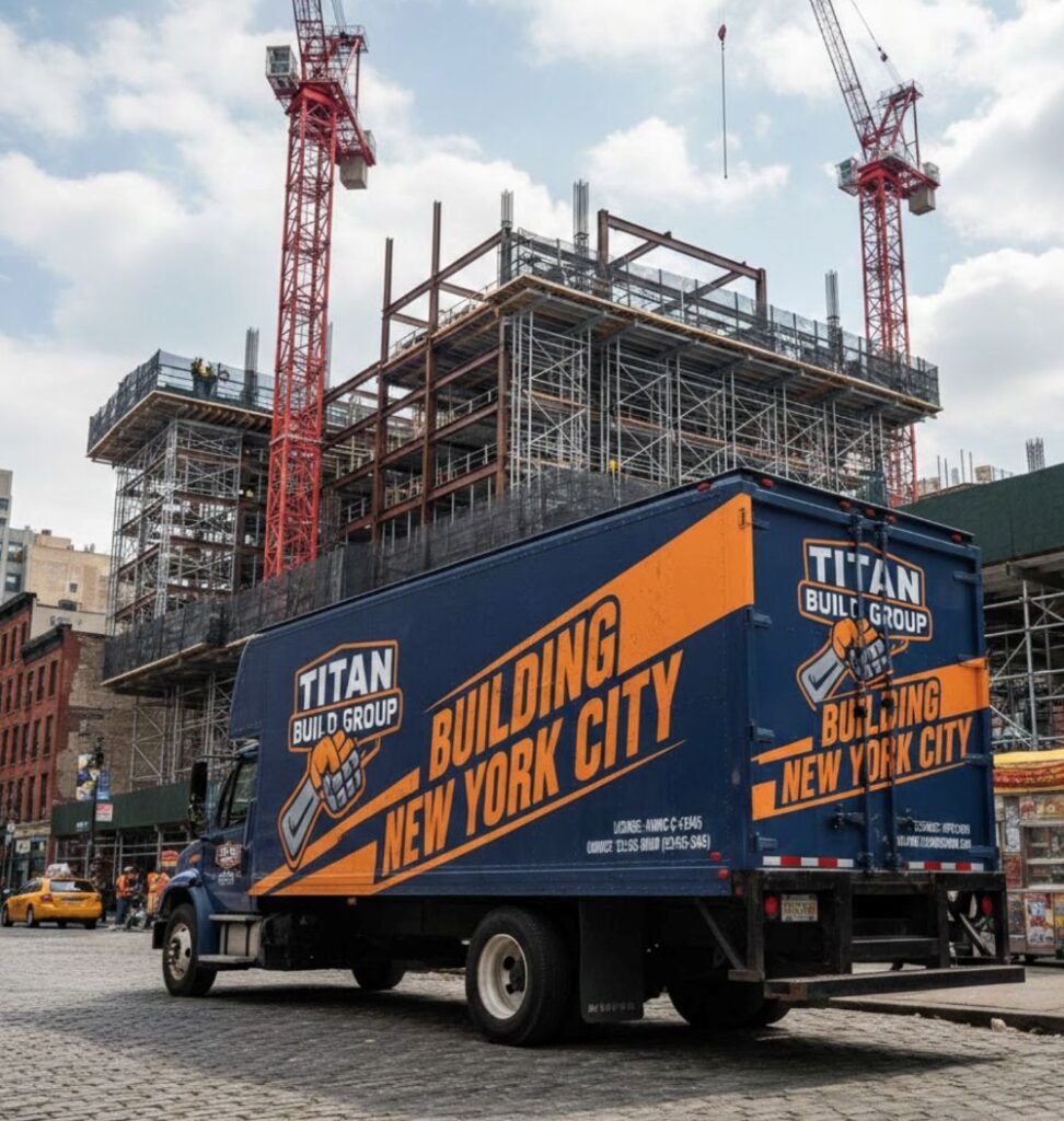 Box truck with large construction company vinyl wrap graphics on cargo body.