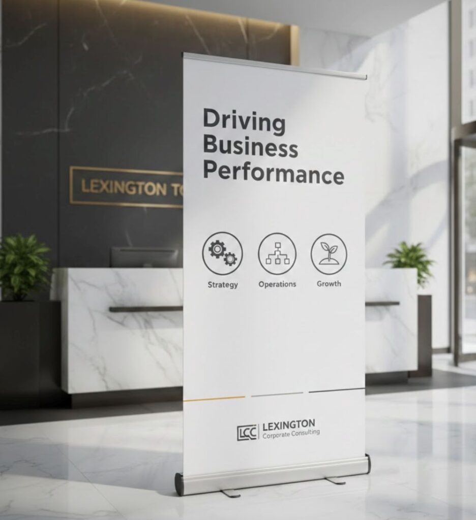 Freestanding retractable banner stand with printed graphic panel.