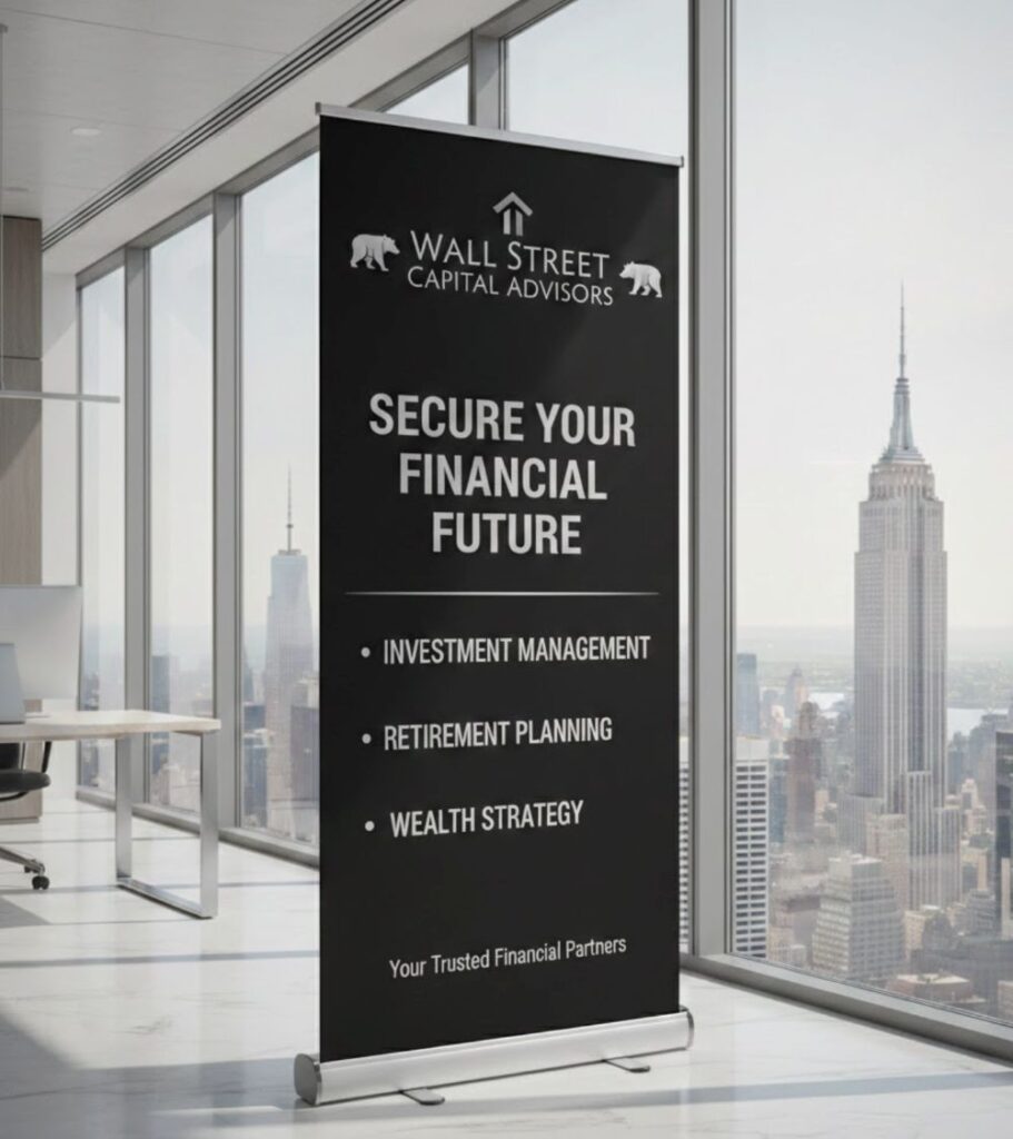 Freestanding retractable banner stand with printed promotional graphic panel.