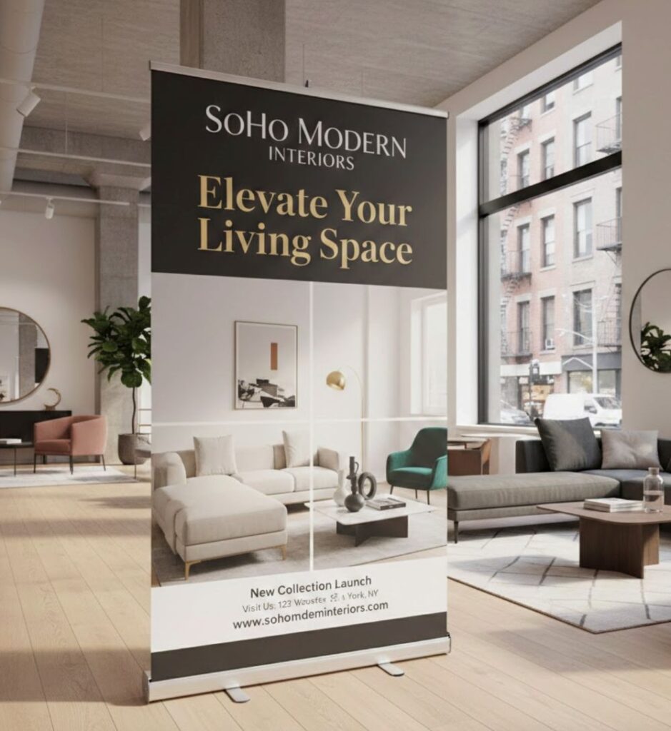 Freestanding retractable banner stand with printed interior design graphics.