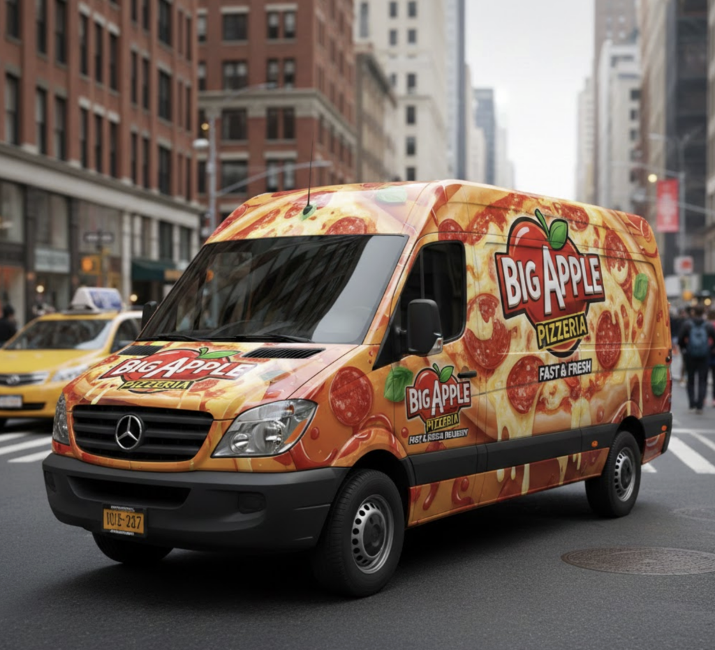 Delivery van with full pizza-themed vehicle wrap graphics covering body panels.