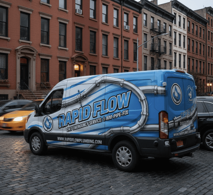 Blue service van with plumbing-themed vinyl vehicle wrap graphics.
