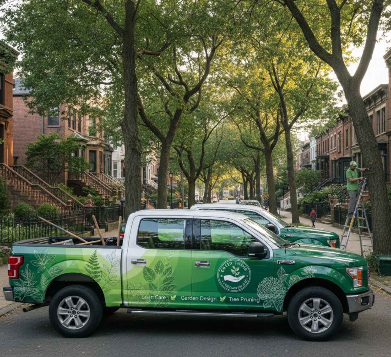 Green pickup truck with full landscaping-themed vinyl vehicle wrap graphics.