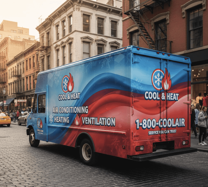 Box truck with full vehicle wrap featuring heating and cooling graphics.