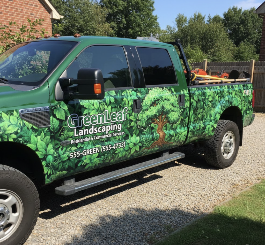 Green pickup truck with full vehicle wrap featuring leaf graphics and logo.