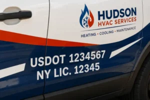 Close-up of DOT number and company ID integrated into fleet wrap design.