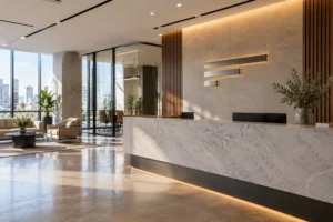 Modern office lobby with 4-inch dimensional wall letters designed for clear visibility across the reception area.