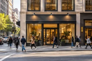 New York City storefront with white channel letters sized for approximately 60 feet of viewing distance.