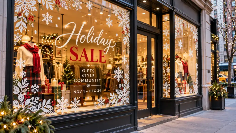 Holiday window graphics on a New York storefront with snowflake border and sale dates