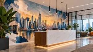 Modern office reception featuring a custom New York City skyline wall mural.