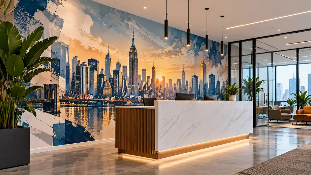 Modern office reception featuring a custom New York City skyline wall mural.