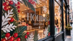 Perforated window film with a holiday design on a retail storefront viewed from the sidewalk