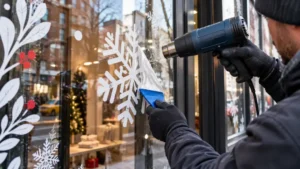 Removing holiday window vinyl with a heat gun and plastic scraper